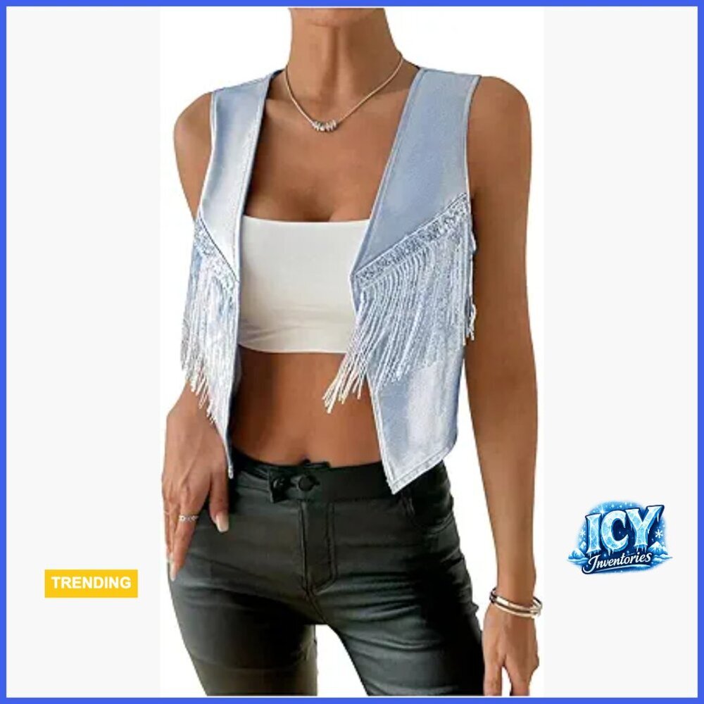 Metallic Sequin Fringe Vest Open Front Sleeveless Crop Jacket